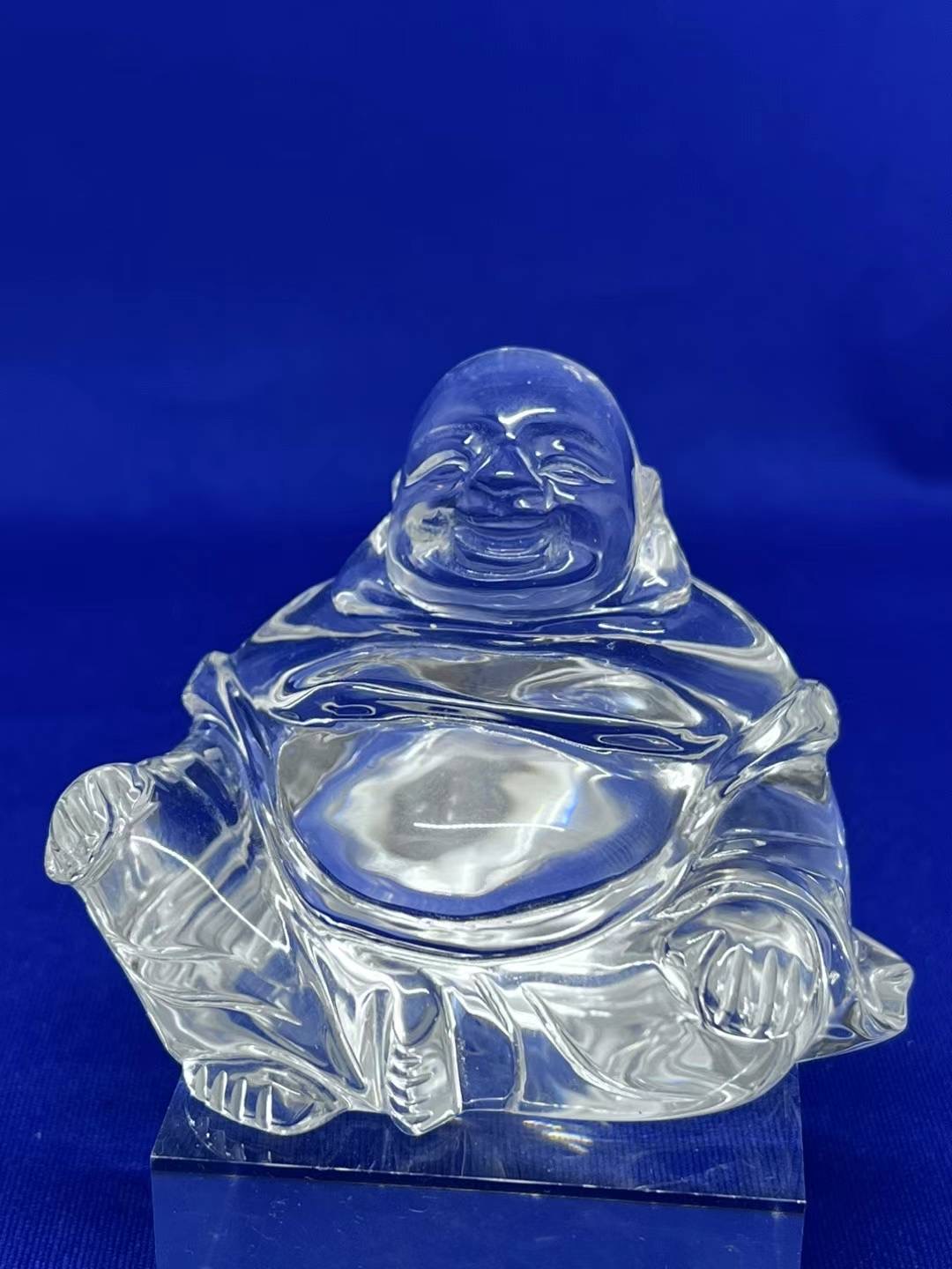 伝統工芸士 保山作 水晶彫刻 布袋像 台座付き 伝統工芸士 保山作